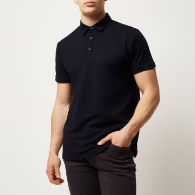 Navy textured front polo shirt
